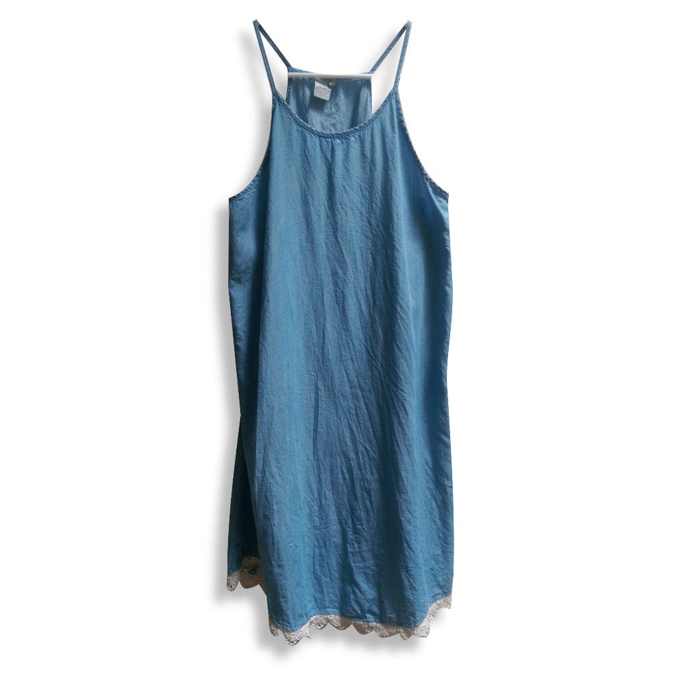 Anthro Paper Crane Chambray Lace Trim Denim Dress